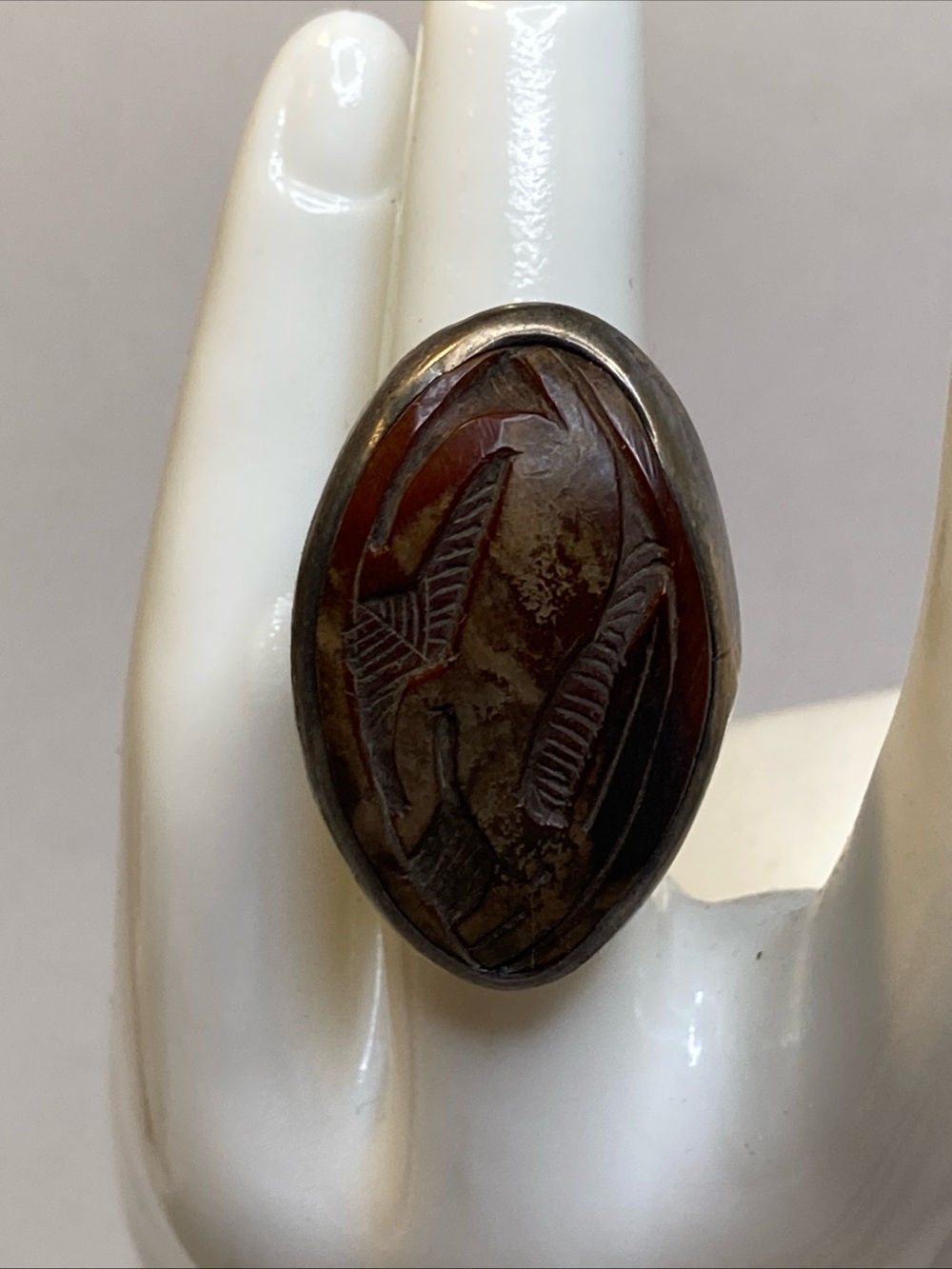 Vintage 925 Sterling Silver Brown Carved Wood Inlay Ring Size 7